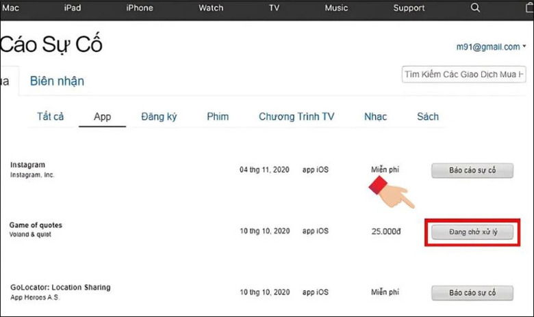 Tiến trình hoàn tiền đang được xử lý trong trang báo cáo sự cố.