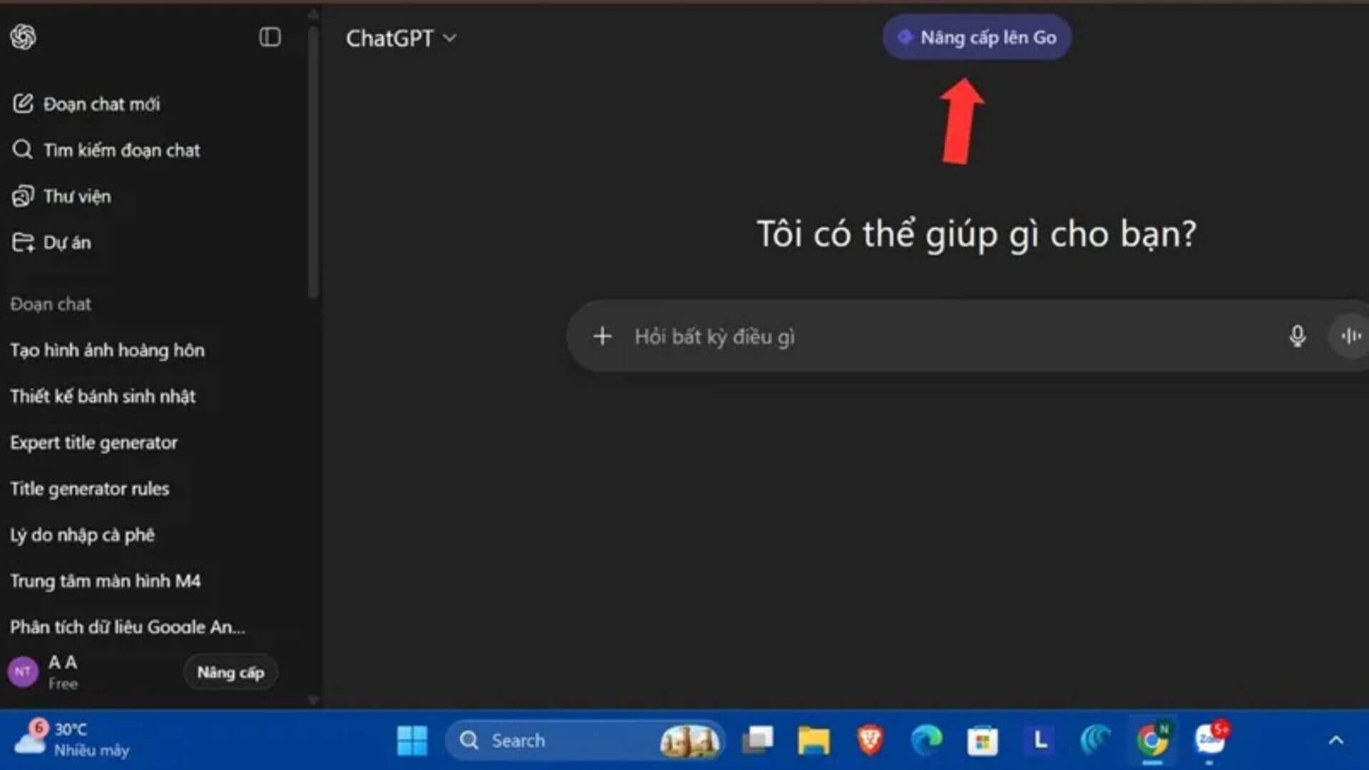 Nhấn chọn mục nâng cấp tài khoản