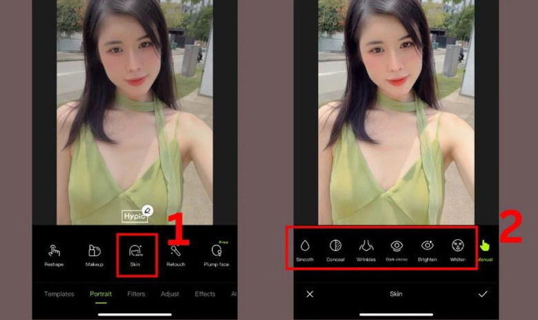 Giao diện mục “Skin” (Da) trên Xingtu với các tùy chọn Làm mịn, Làm sáng, Tăng sáng.