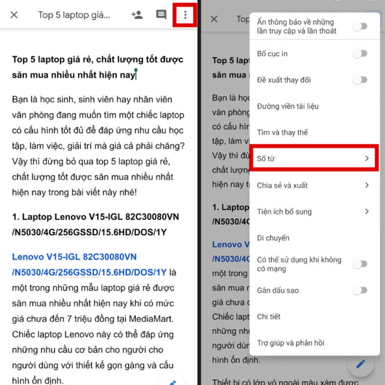 Màn hình điện thoại hiển thị tùy chọn Word Count trong ứng dụng Google Docs