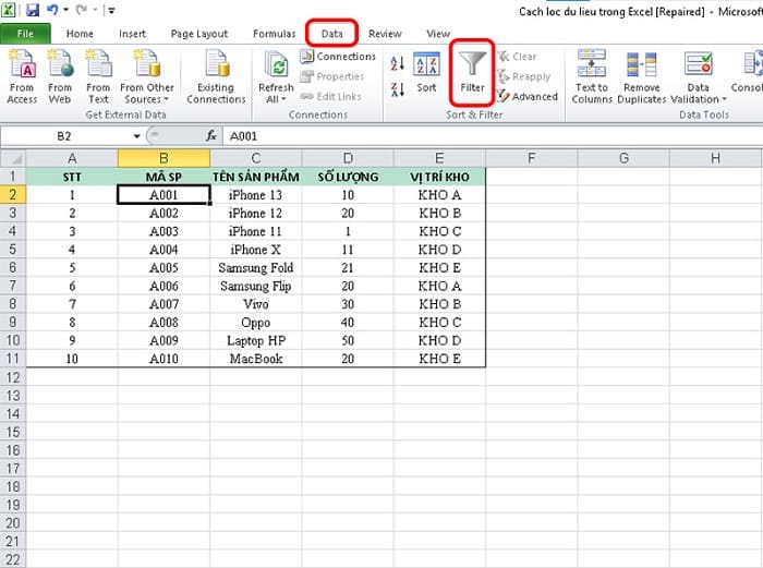 Lọc dữ liệu trong bảng tính Excel