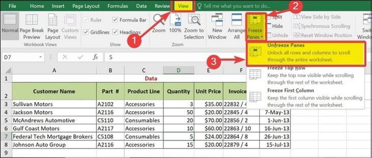 Cách bỏ cố định dòng và cột trong Excel