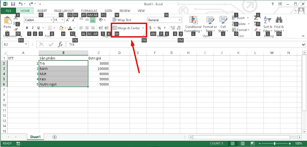Cách dùng Merge & Center để gộp ô nhanh