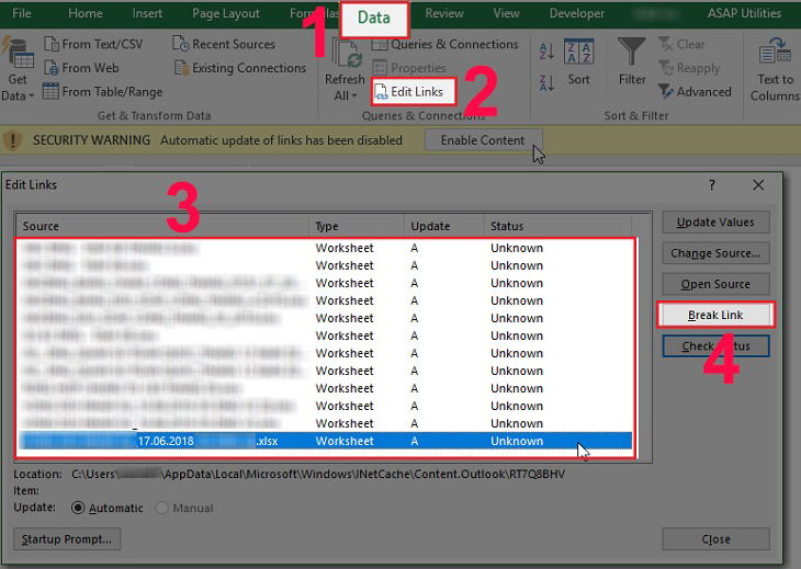 Xóa bỏ các Data Links (liên kết dữ liệu ngoài)