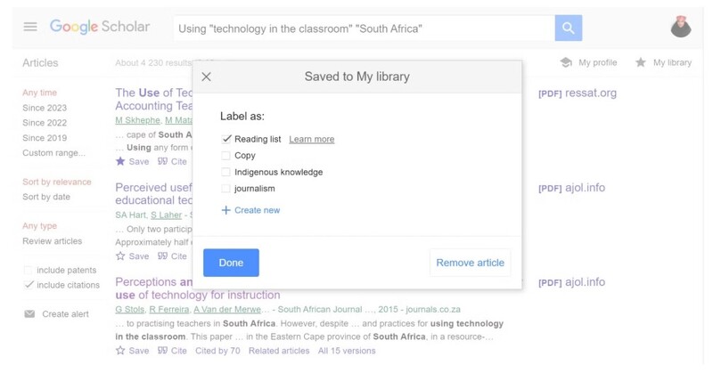Google Scholar, kết hợp bộ lọc năm và tính năng lưu tài liệu vào My Library.