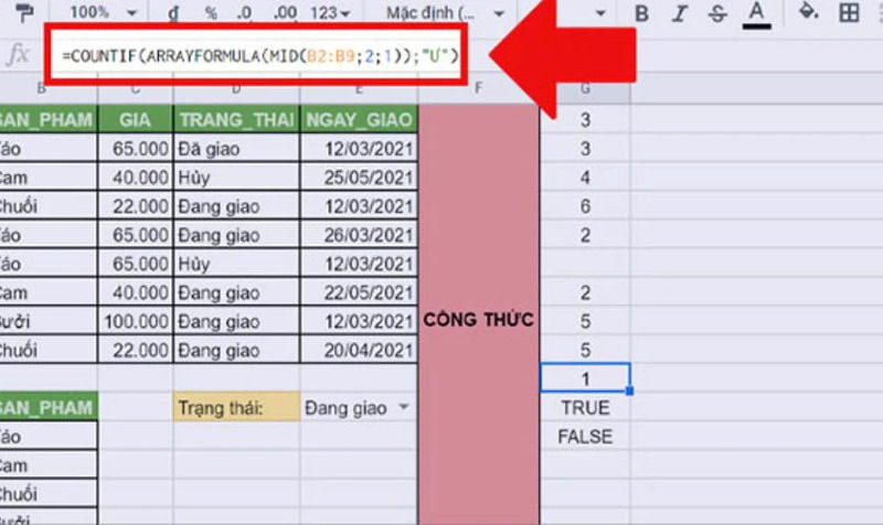 Đếm theo đoạn chuỗi ở giữa với MID + COUNTIF