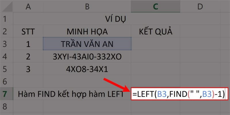 Ứng dụng hàm FIND kết hợp với hàm LEFT trong Excel