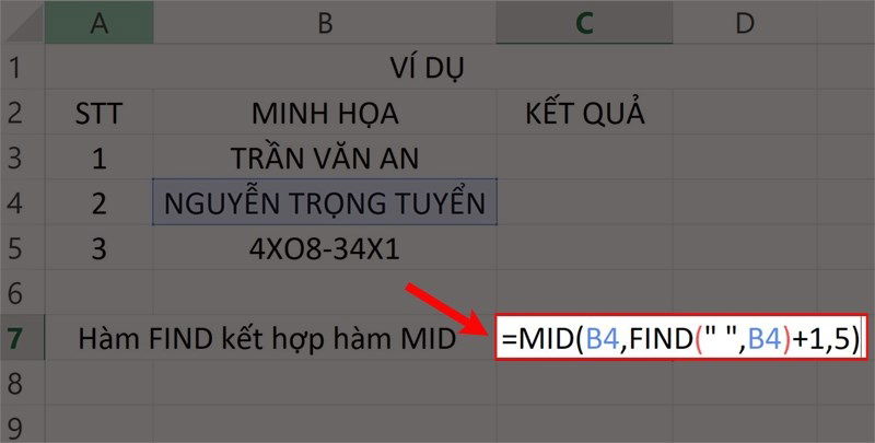 Cách kết hợp hàm FIND và hàm MID trong Excel