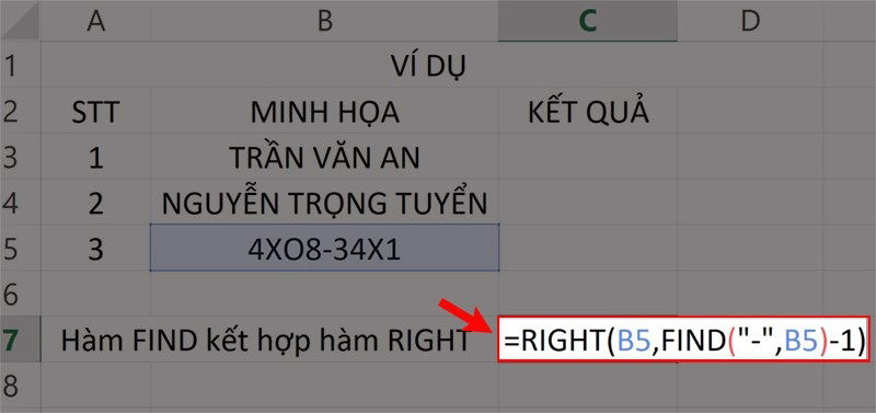 Cách dùng hàm FIND với hàm RIGHT trong Excel