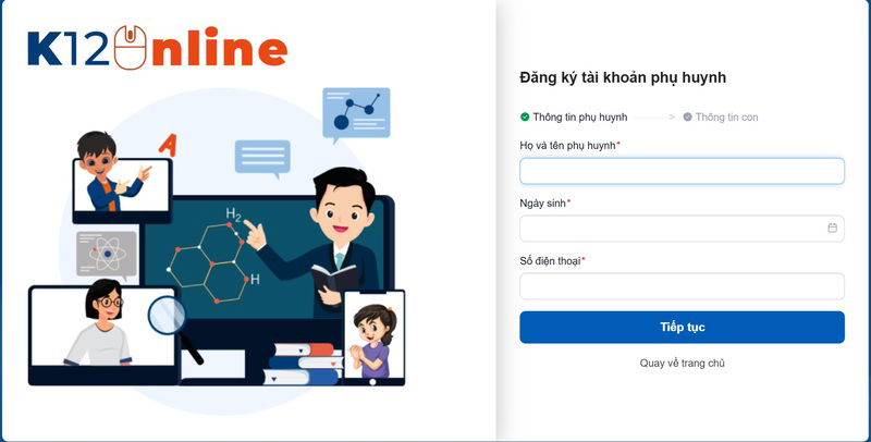 Màn hình đăng ký tài khoản K12Online với các trường thông tin cần điền