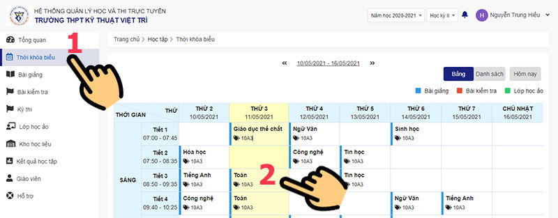 Giao diện thời khóa biểu trên K12Online