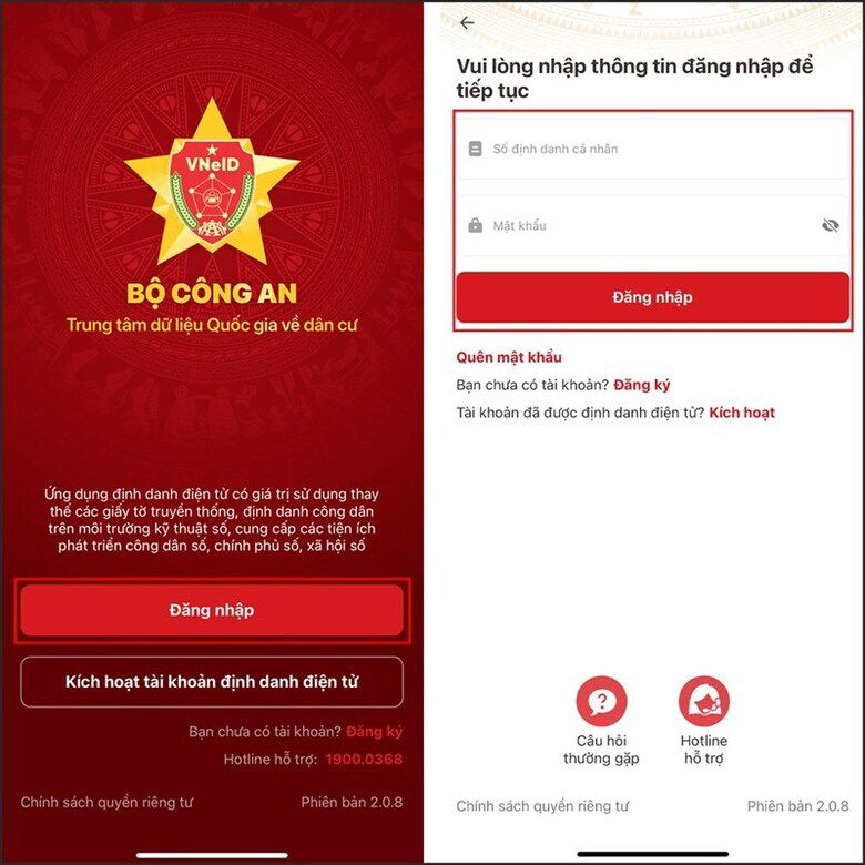 Giao diện đăng nhập VNeID khi xem tình trạng hôn nhân