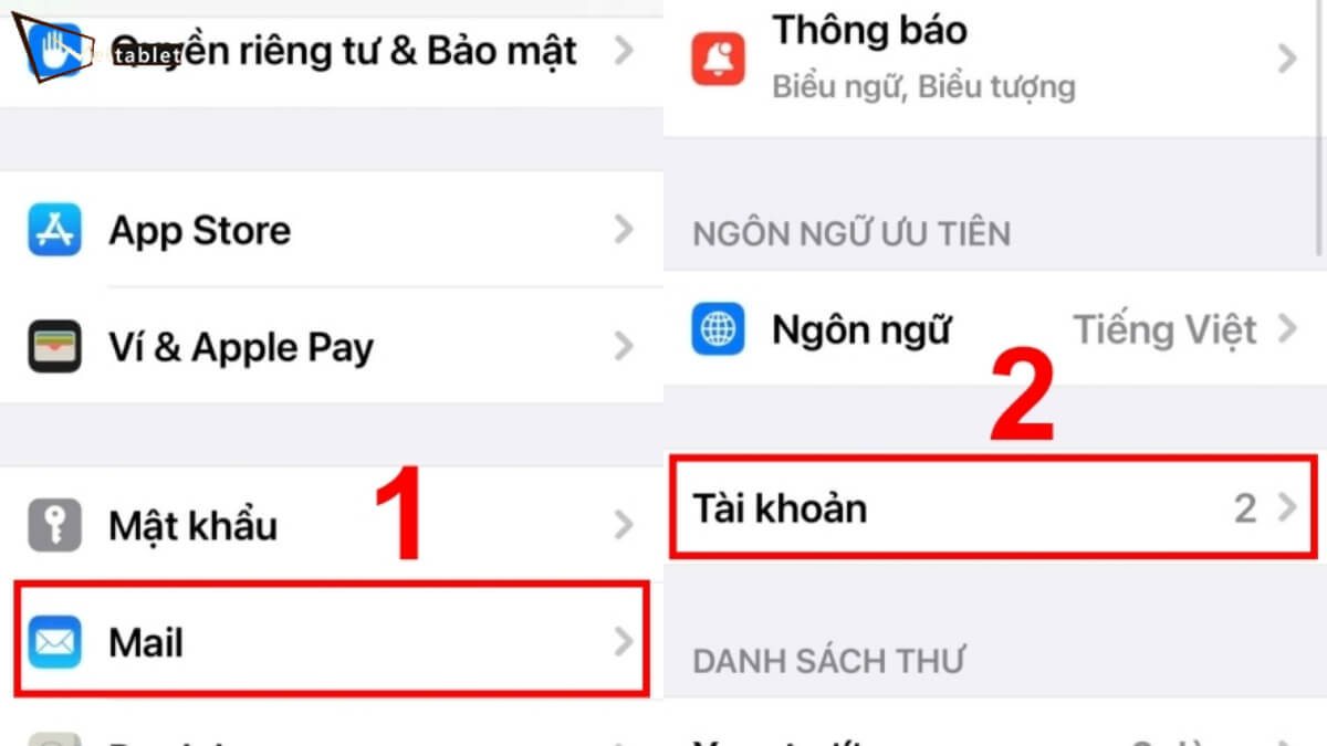 Vào cài đặt chọn mail sau đó chọn tài khoản