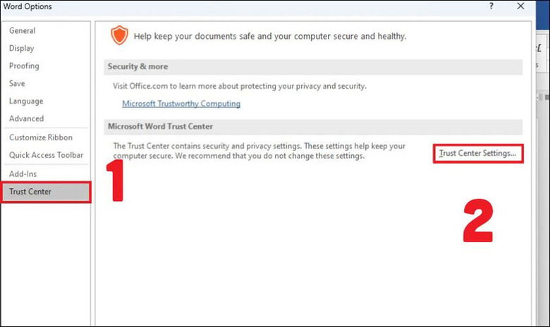 Thiết lập thư mục đáng tin cậy trong Trust Center Microsoft Office