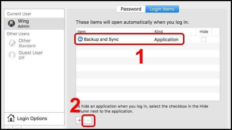 Chọn ứng dụng cần đóng và nhấn (-)