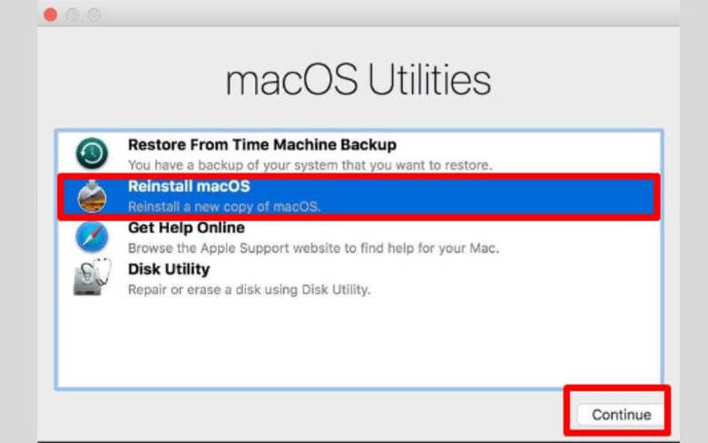 Chọn Reinstall MacOS > Chọn Continue