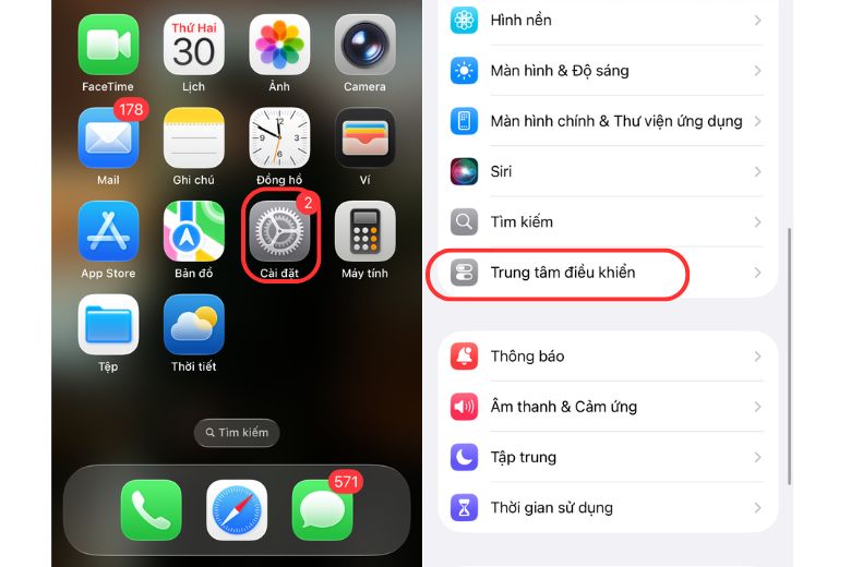 Mở ứng dụng và chọn Trung tâm điều khiển