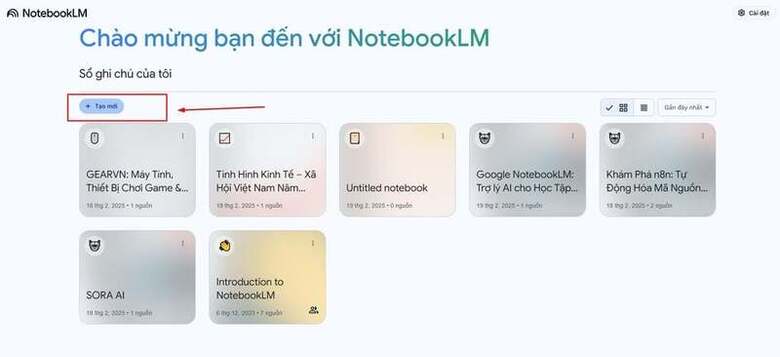 Không gian làm việc và giao diện chính của Google NotebookLM trên máy tính