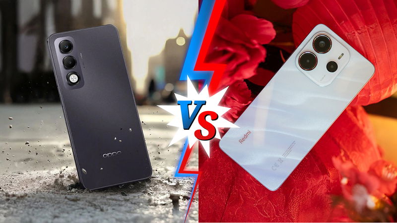 Mặt lưng và cạnh viền OPPO A5i Pro và Redmi Note 14 với phong cách thiết kế khác nhau.