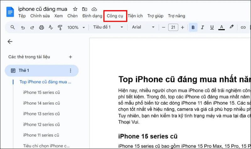 Truy cập menu công cụ