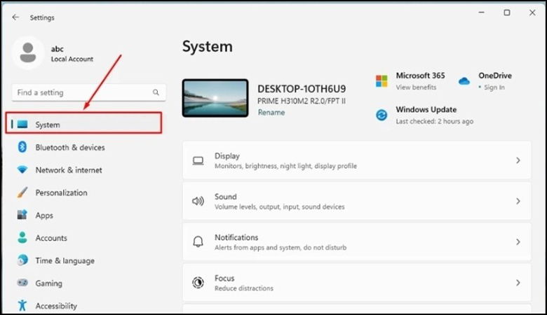 nhấn vào mục System