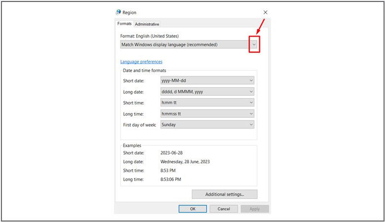 Chọn mũi tên xuống Match Window display Languages