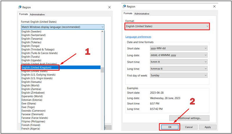chọn English (United States) 