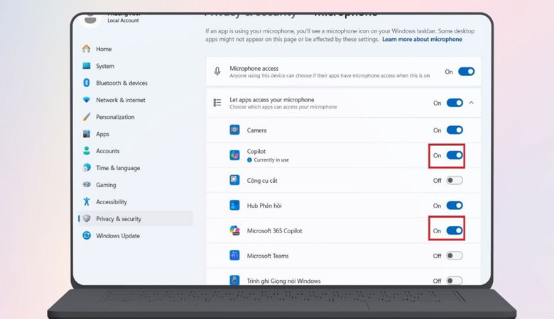 cấp quyền sử dụng microphone cho Copilot