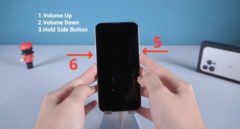 thả nút nguồn và giữ nút giảm âm lượng thêm 5 giây