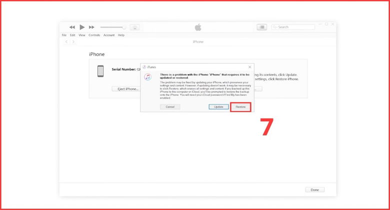 nhấn “Restore” để cài lại firmware và iOS