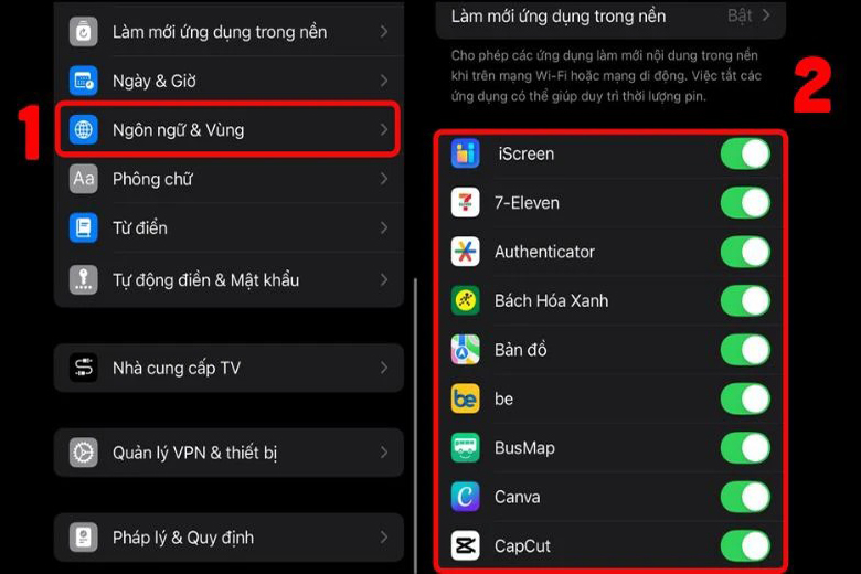 Tắt tính năng làm mới ứng dụng trong nền