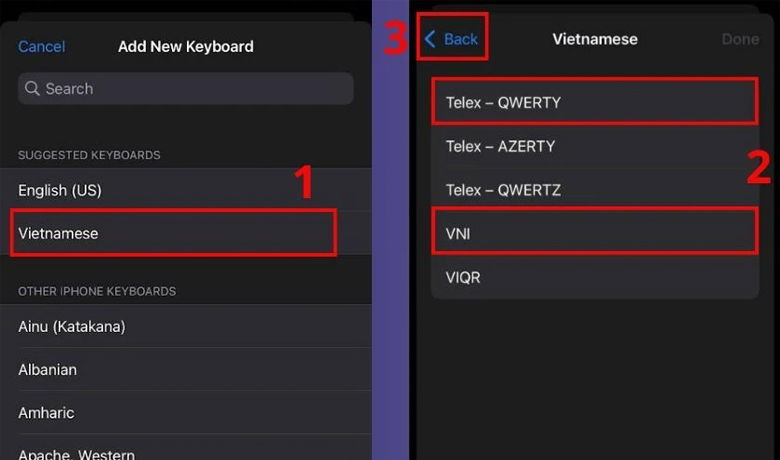 Chọn Vietnamese sau đó chọn VNI hoặc Telex-QWERTY 