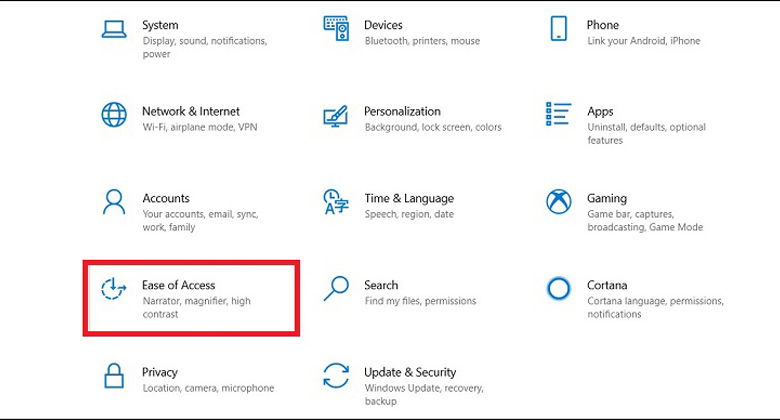 chọn mục Ease of Access