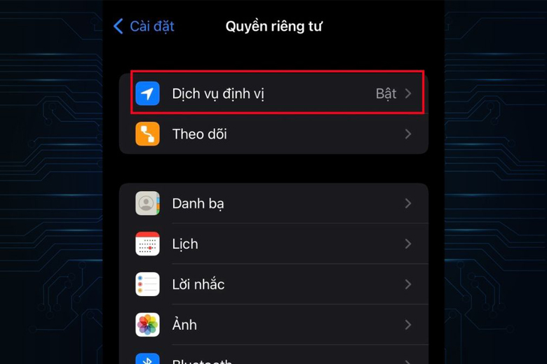 Chọn tiếp vào mục Quyền riêng tư