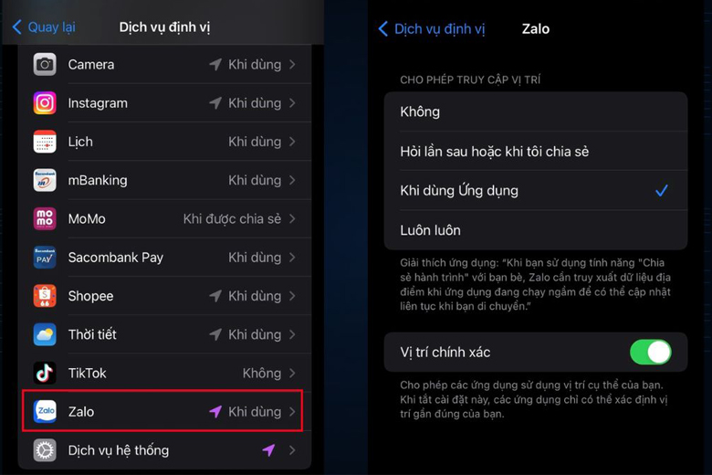 Tìm đến Zalo và cho phép truy cập vào vị trí