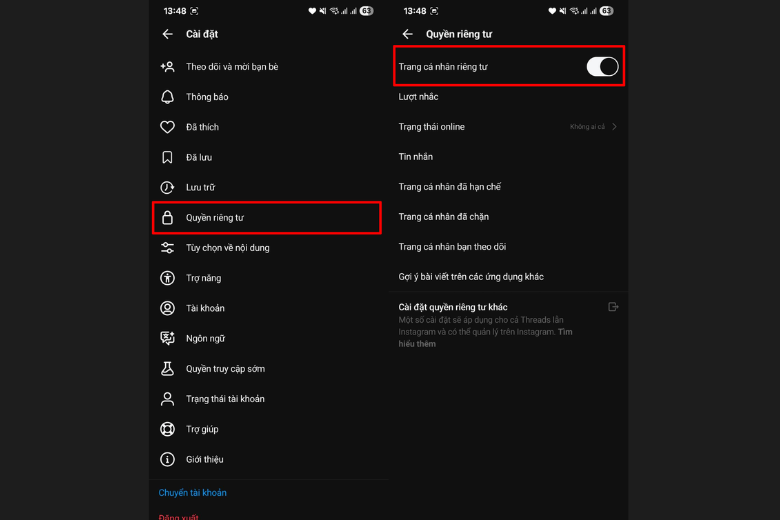 Chọn mục Quyền riêng tư
