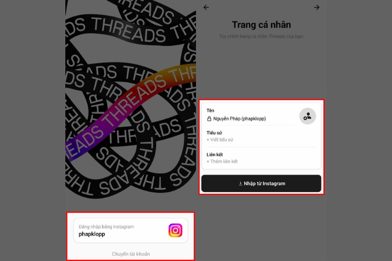 Đăng nhập Threads bằng tài khoản Instagram