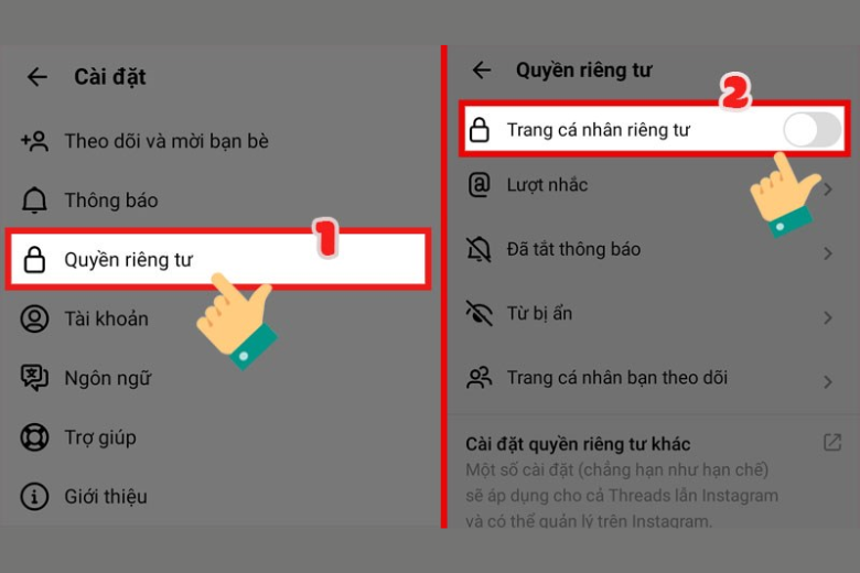 Nhấn vào cài đặt, chuyển sang chế độ riêng tư