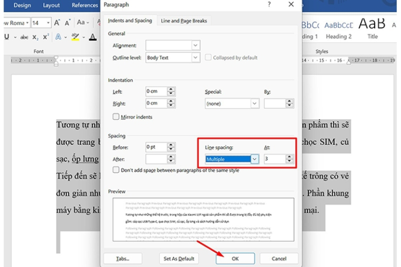 Nhập thông số khoảng cách dòng tại mục At