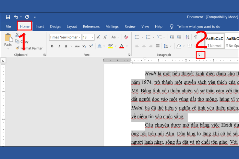 mở hộp thoại Paragraph bằng tab Home