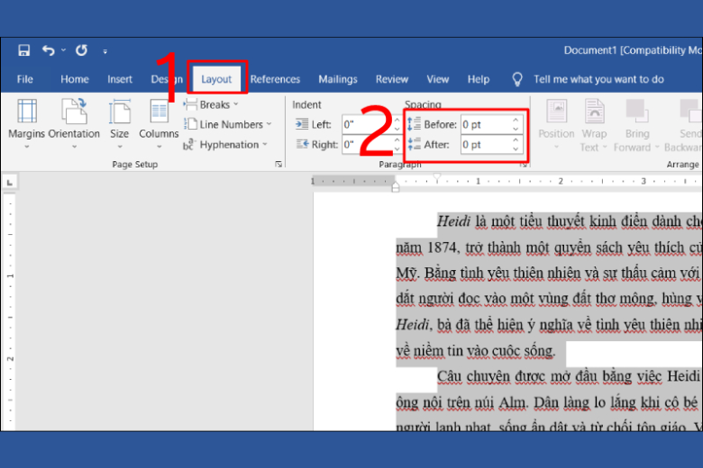 thay đổi khoảng cách dòng bằng Spacing tại Layout