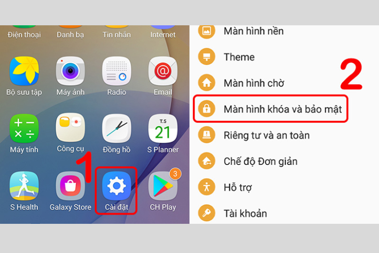 chọn Màn hình khóa và bảo mật