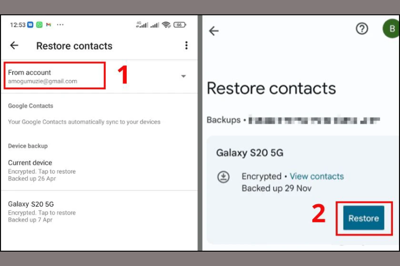 chọn mục Restore Contacts