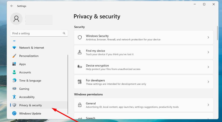 Chọn tab Privacy & Security