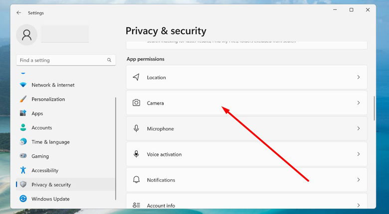 Chọn Camera tại mục App Permissions