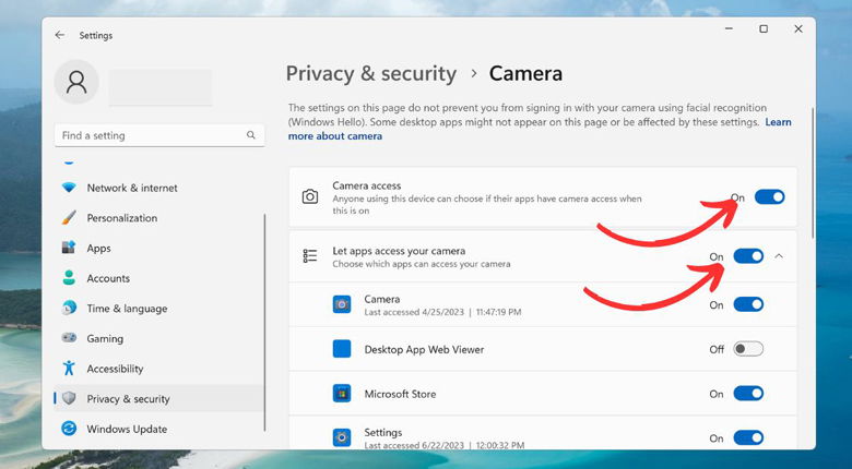 kiểm tra Camera access và Let apps access your camera
