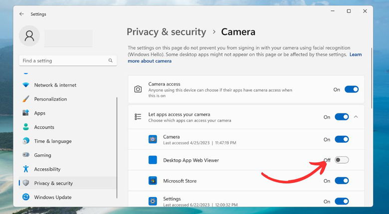 Nhấn vào mục Let apps access your camera