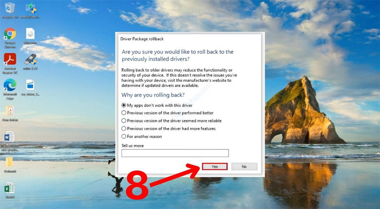 Chọn Yes để xác nhận phục hồi driver