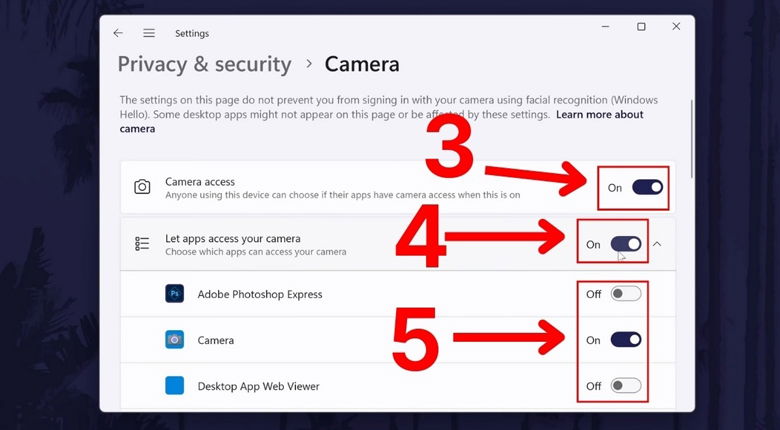 bật On cho phép ứng dụng sử dụng webcam