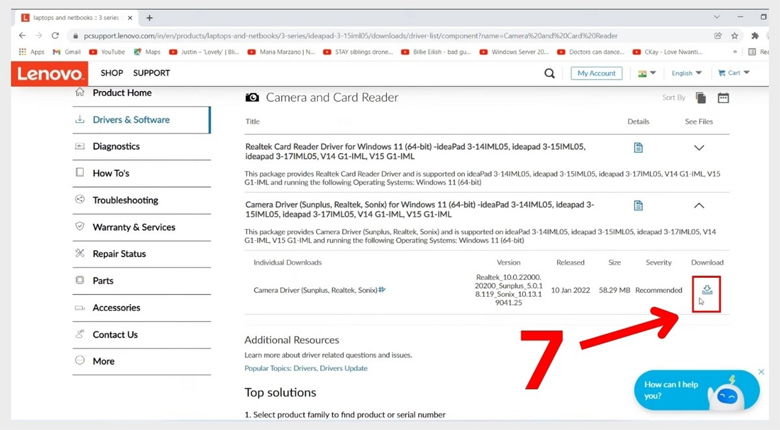 Tìm Driver camera và bấm vào mũi tên tải xuống